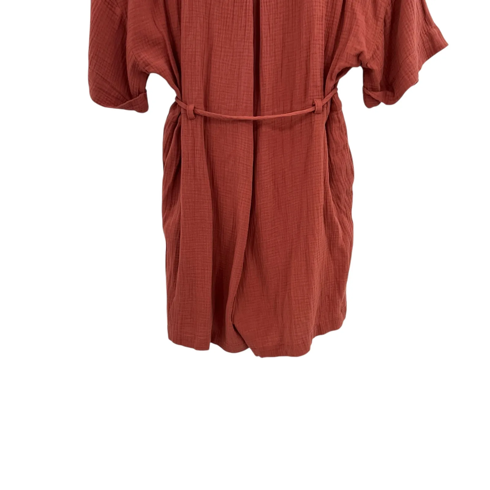 Madewell Lightspun Belted Safari‎ Romper Shorts Short Sleeve Gauze Rust Size XL - Image 10