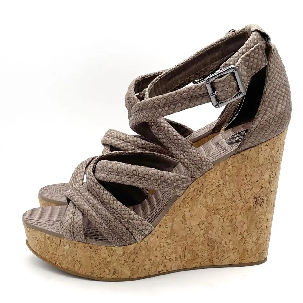 Tory Burch Taupe Reptile Embossed Leather Strappy Cork Wedge Sandals Size 10.5 - Image 4