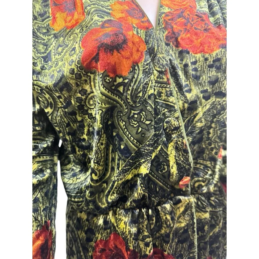 Dark Floral Velvet Long Sleeve Midi Dress Women’s Size 8 Green - Image 11