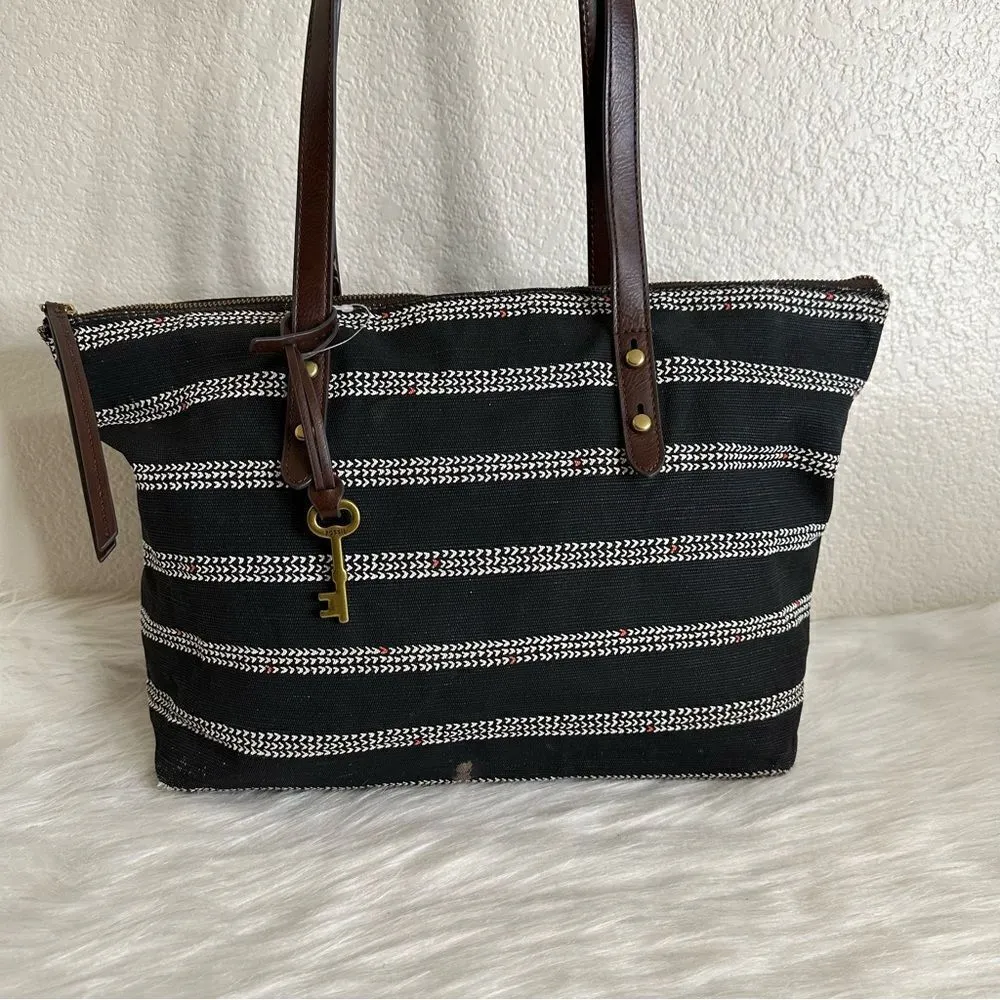 Fossil Jenna Black White Heart Striped Tote Bag - Image 5