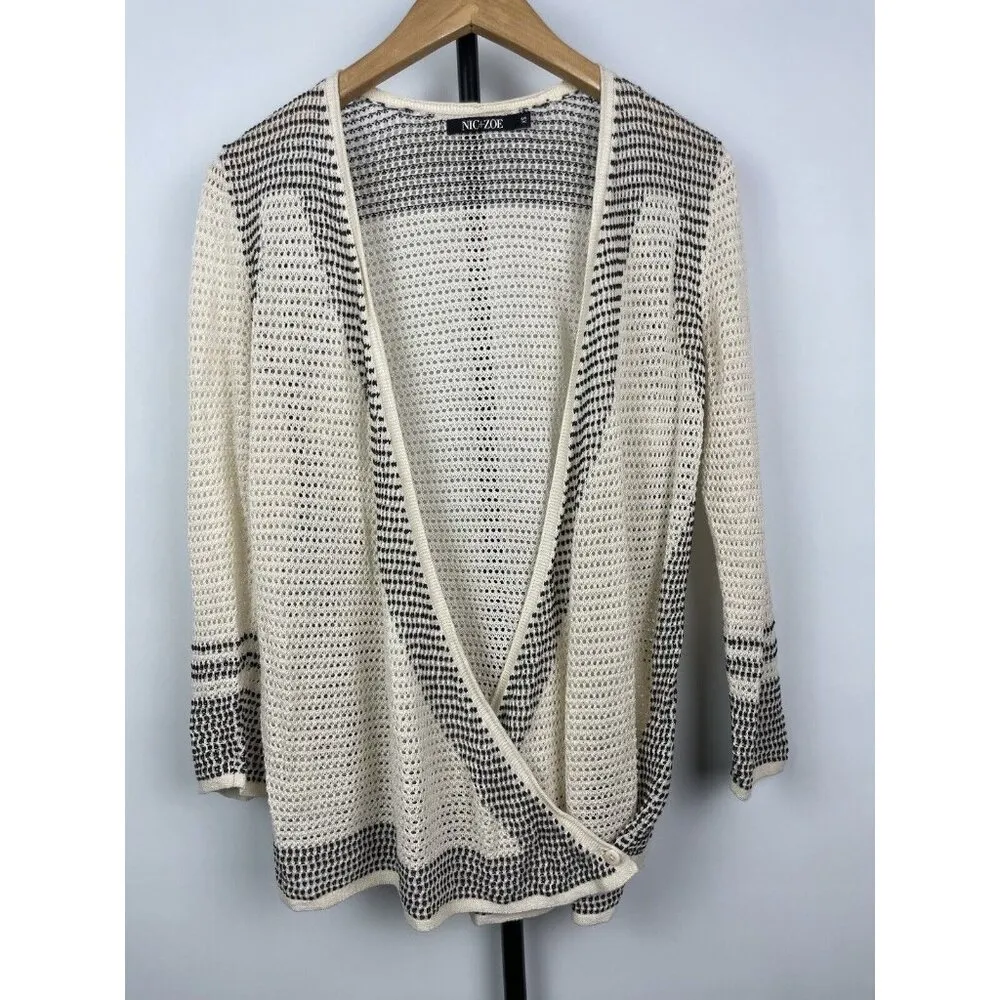 Nic + Zoe Cream Black Open Knit Linen Blend Wrap Cardigan Sweater Size‎ XS - Image 7