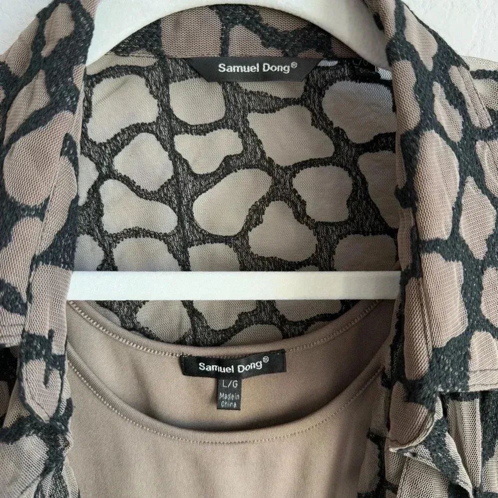 Samuel Dong Women’s Lace Textured Collared Button Down Long Sleeve w/Camisole L‎ Tan Size L - Image 7