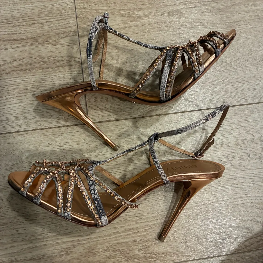 Schutz Women’s Glam Snake Print High Heel Sandal Embellished Metallic Size 10 - Image 3