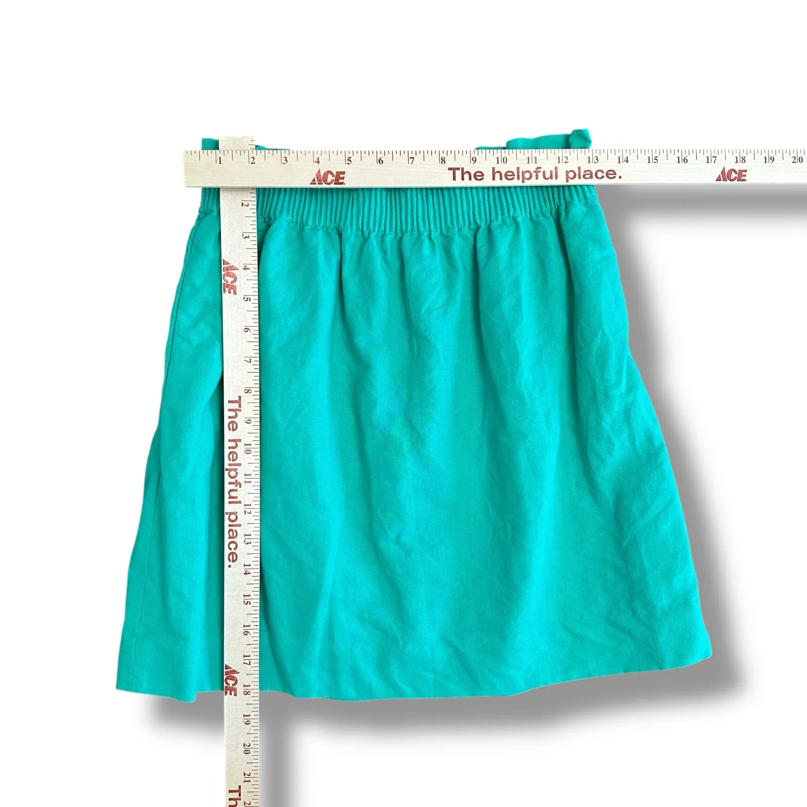 J.Crew‎ Women’s 4 Linen Cotton Smocked Waist Mini Skirt Green Ruffle Hem Lined - Image 3