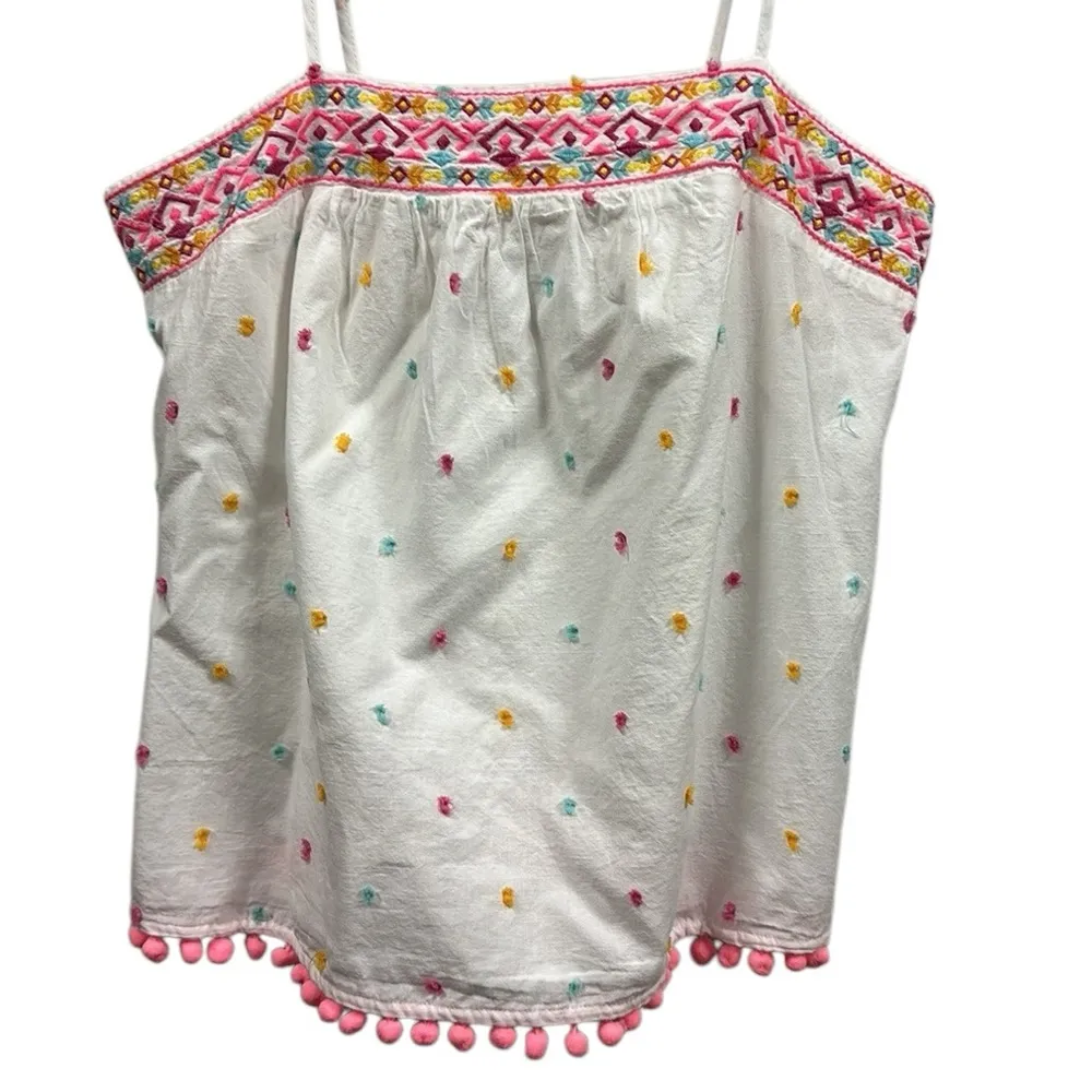 Crown & Ivy Cotton Swiss Dot Embroidered Pom Pom Spaghetti Strap Tank Top Small - Image 4