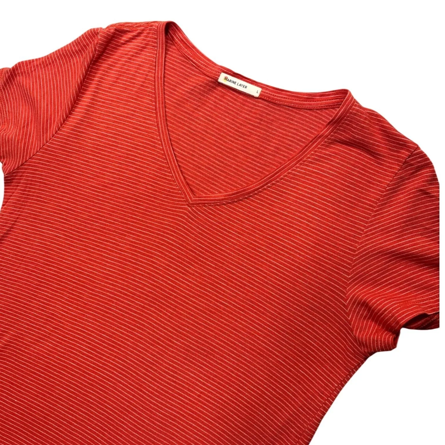 Marine Layer Large Striped V-Neck‎ Boyfriend T-Shirt Red Short Sleeve Casual Top - Image 2