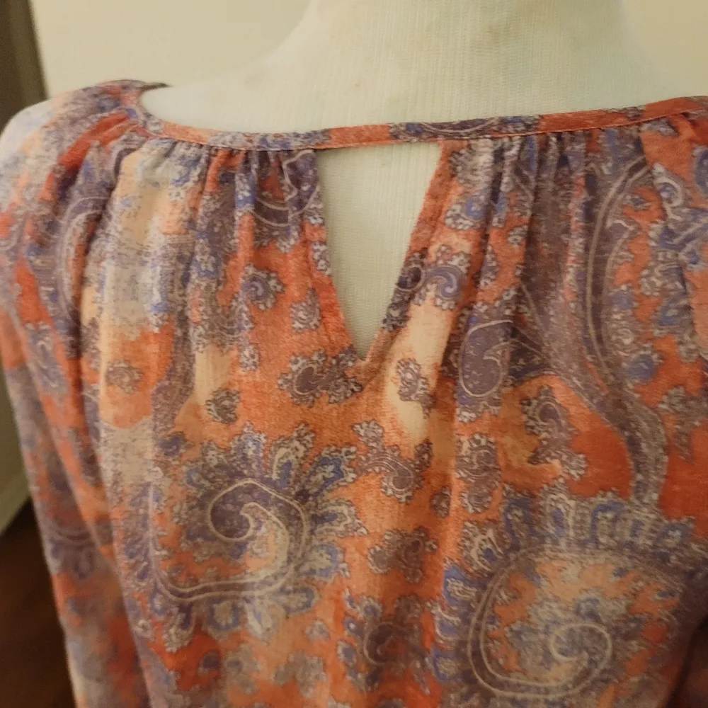 🔥SALE🔥Lucky Brand Orange Multicolor BOHO Style Longsleeve Blouse S - Image 5