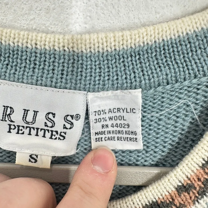 Russ Petites Blue Sweater Vest Women's Size S Floral Motif Leopard Trim Knit - Image 4