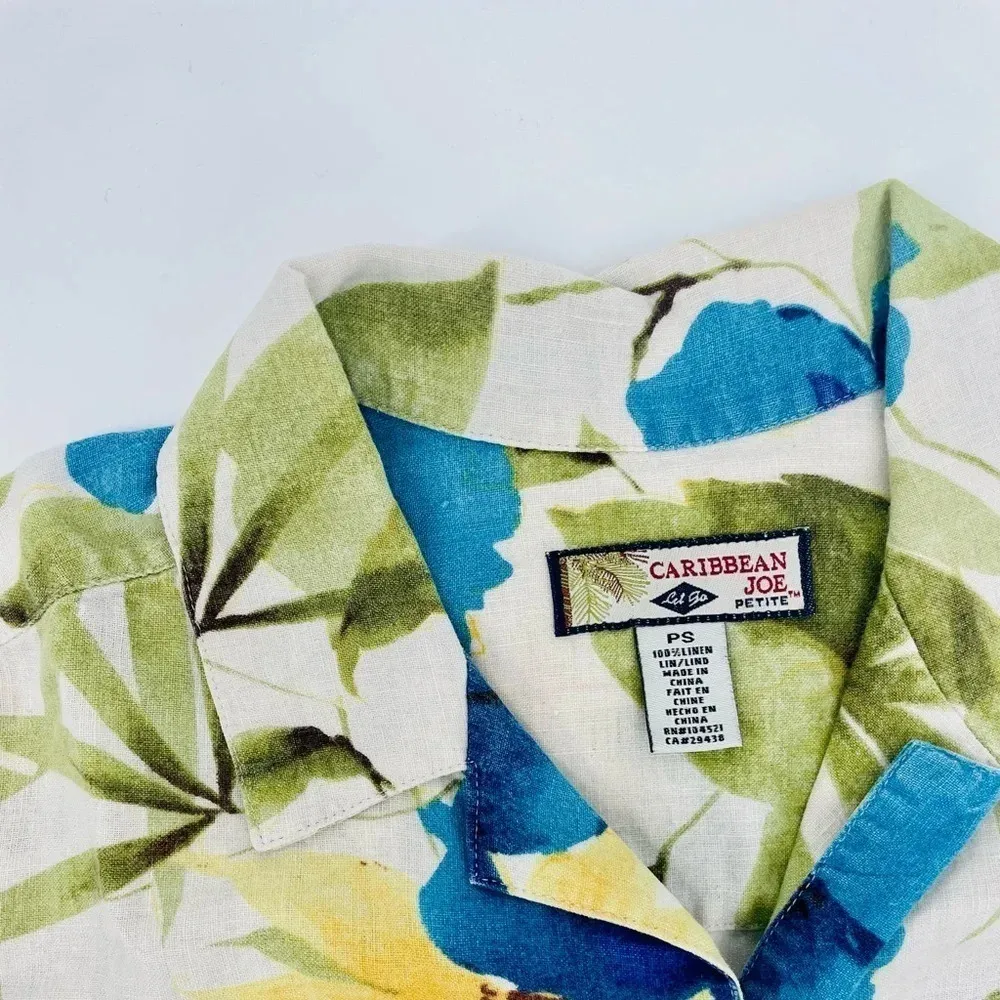 vintage 100% linen floral button up top size s Blue - Image 5