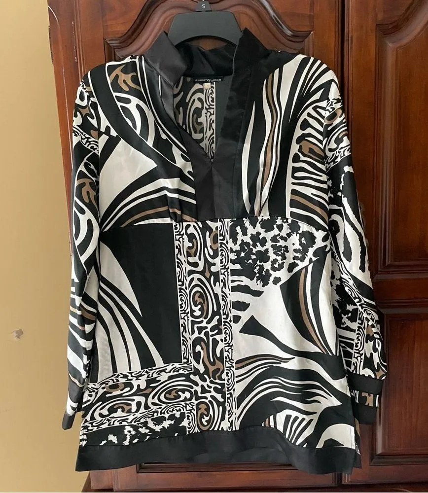 Satin Tribal Animal Print Long Sleeve Tunic Blouse Medium Black - Image 2