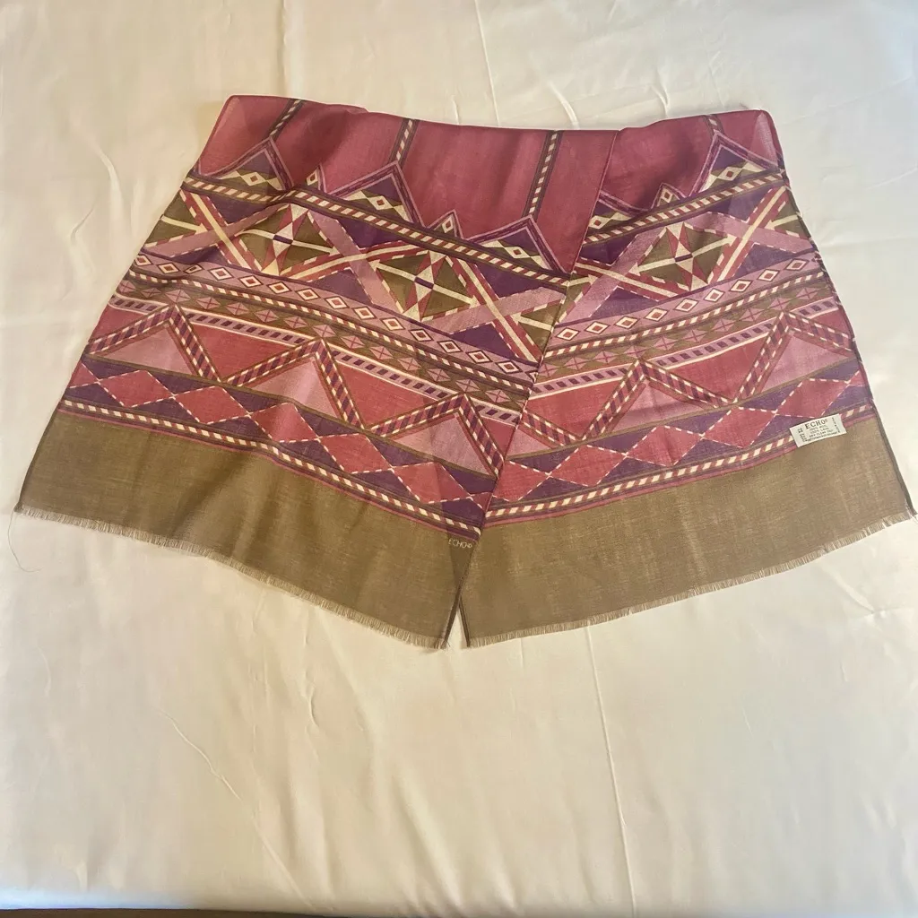 Echo 100% Wool Scarf – Geometric Design – Brown, Purple, Olive & Magenta Purple - Image 5