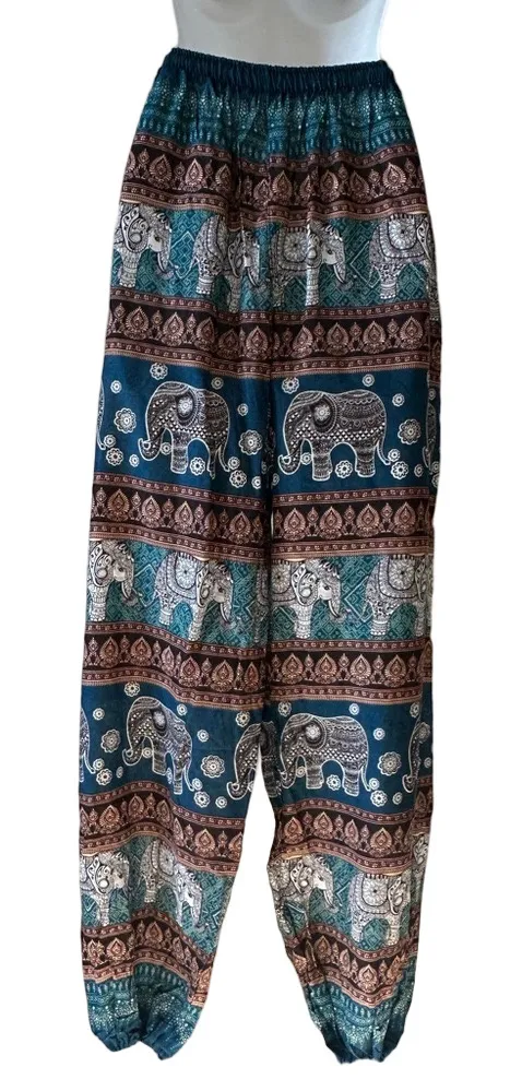 Boho Elephant Print Harem Pants – Teal & Brown – New, Purchased in Thailand Size XL - Image 1