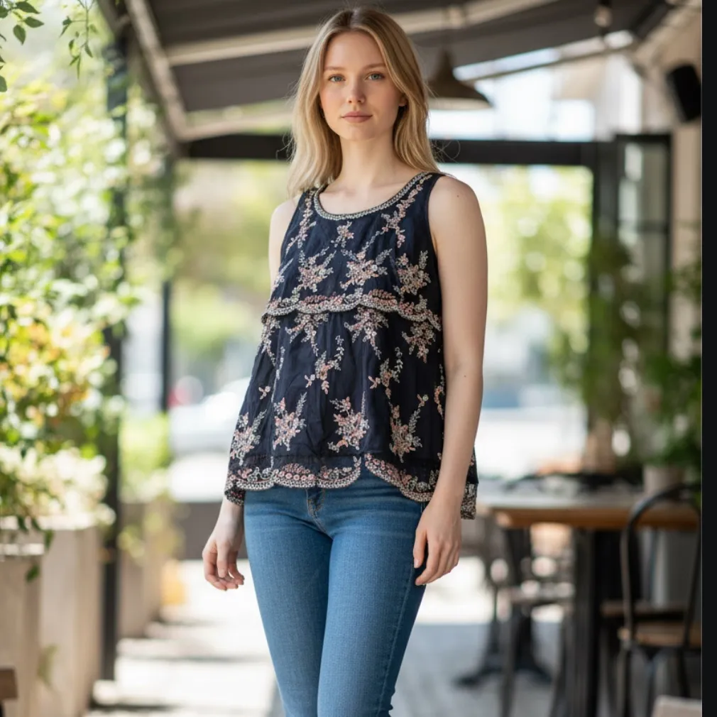 ANTHRO Sundance Altamira Boho Round Neck Embroidered Embellished Sleeveless Top - Image 5