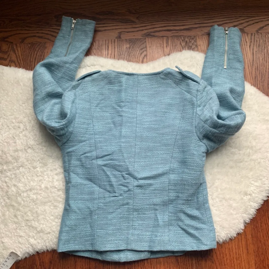 Blue Woven Tweed Biker Jacket Blazer Size 4 - Image 3