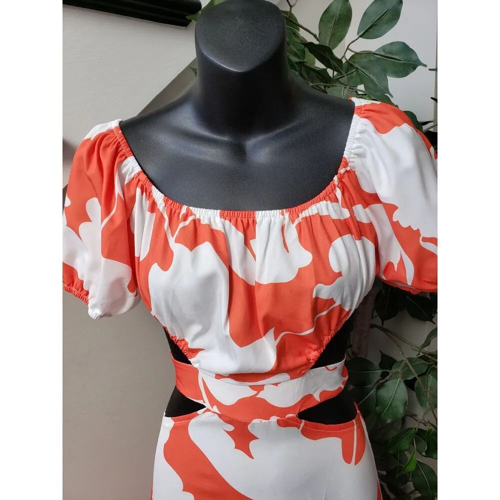Womens Long Maxi Dress S White Orange Floral Back Cut Out Round Neck Puff Sleeve - Image 10