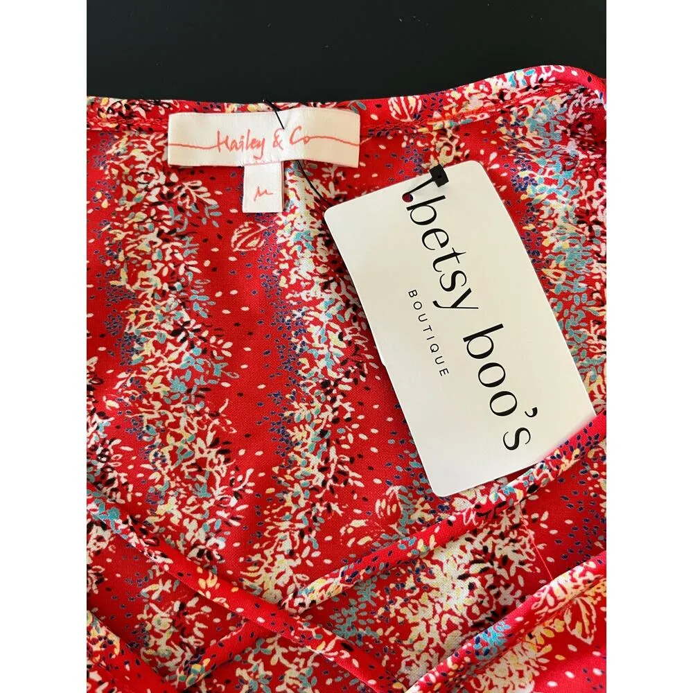 Hailey & Co Red Geometric Strappy V-neck Puff Sleeve Blouse Medium Women's Top - Image 3