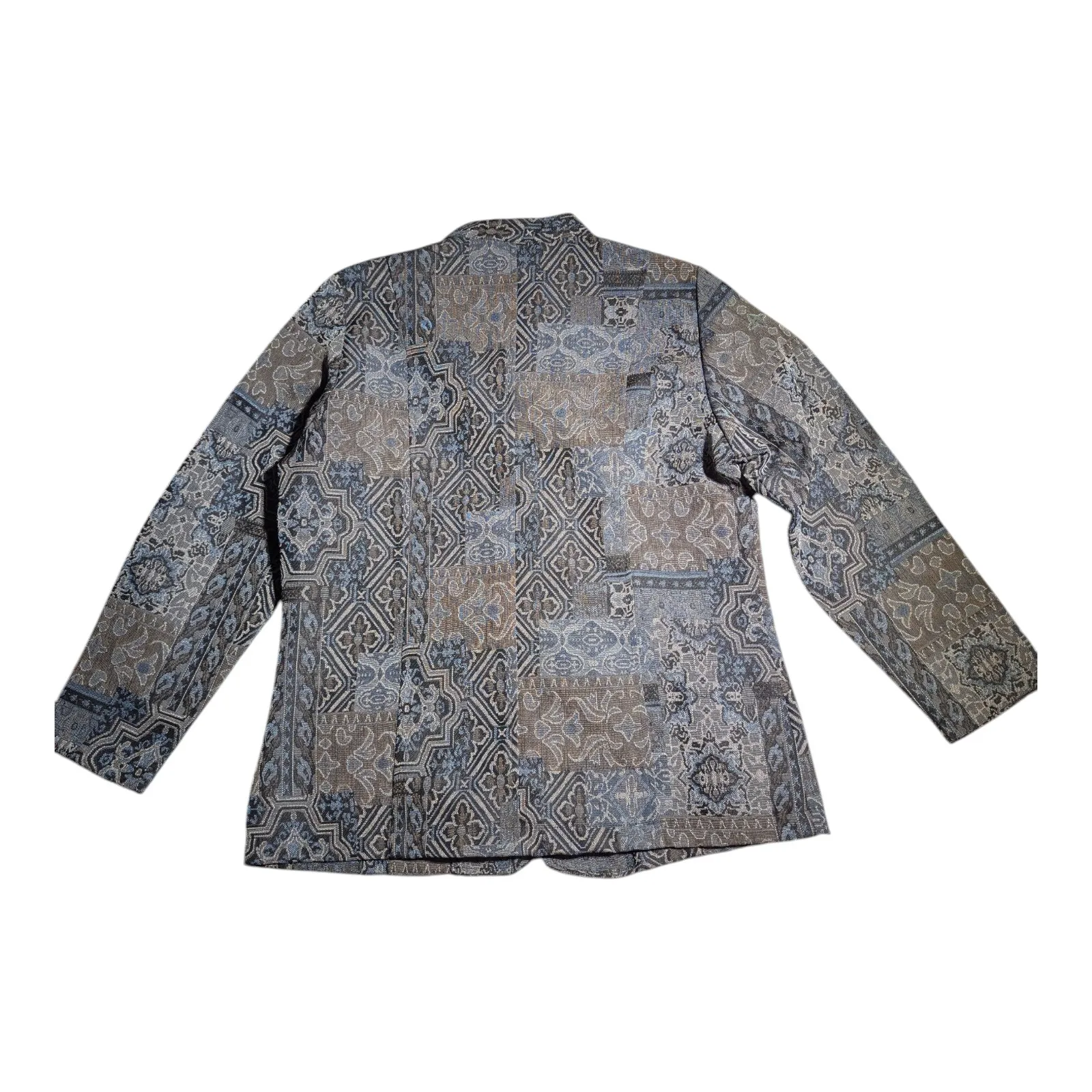 Vtg 1990s Tudor Court Gray Blue Floral Tapestry Mandarin Collar Jacket Sz L Size L - Image 2