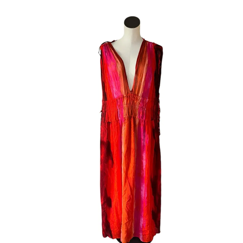 NWT ZARA WOMAN SLEEVELESS V-NECK BEAD APPLIQUES TIE-DYE MIDI DRESS M 7521/253 - Image 6