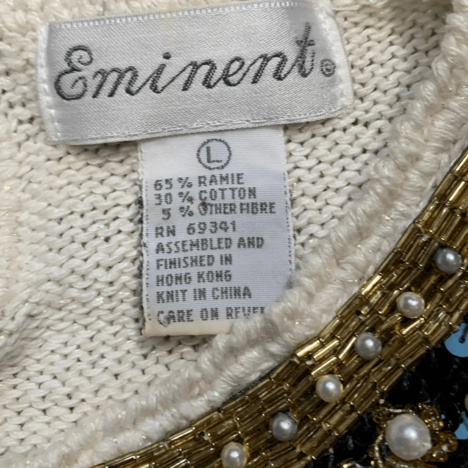 Vintage 80s Cream Sweater Beaded Sequin Floral Statement Holiday Party Knit Black Size L - Image 11