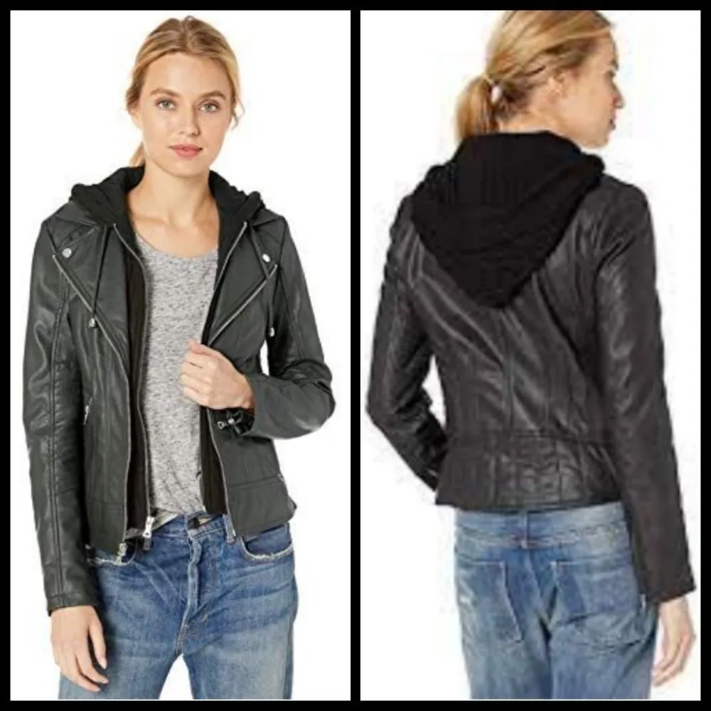 💕GUESS💕 Faux Leather Hooded Moto Jacket Zip Front Scuba ~ Hunter Green XL NWT - Image 2