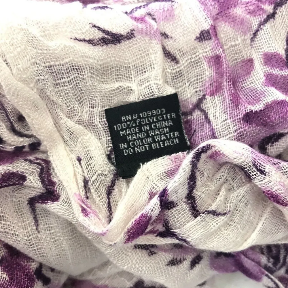 Passport Accessories Womens Scarf Sheer Floral Fringe Ivory Purple 69x20 - Image 5