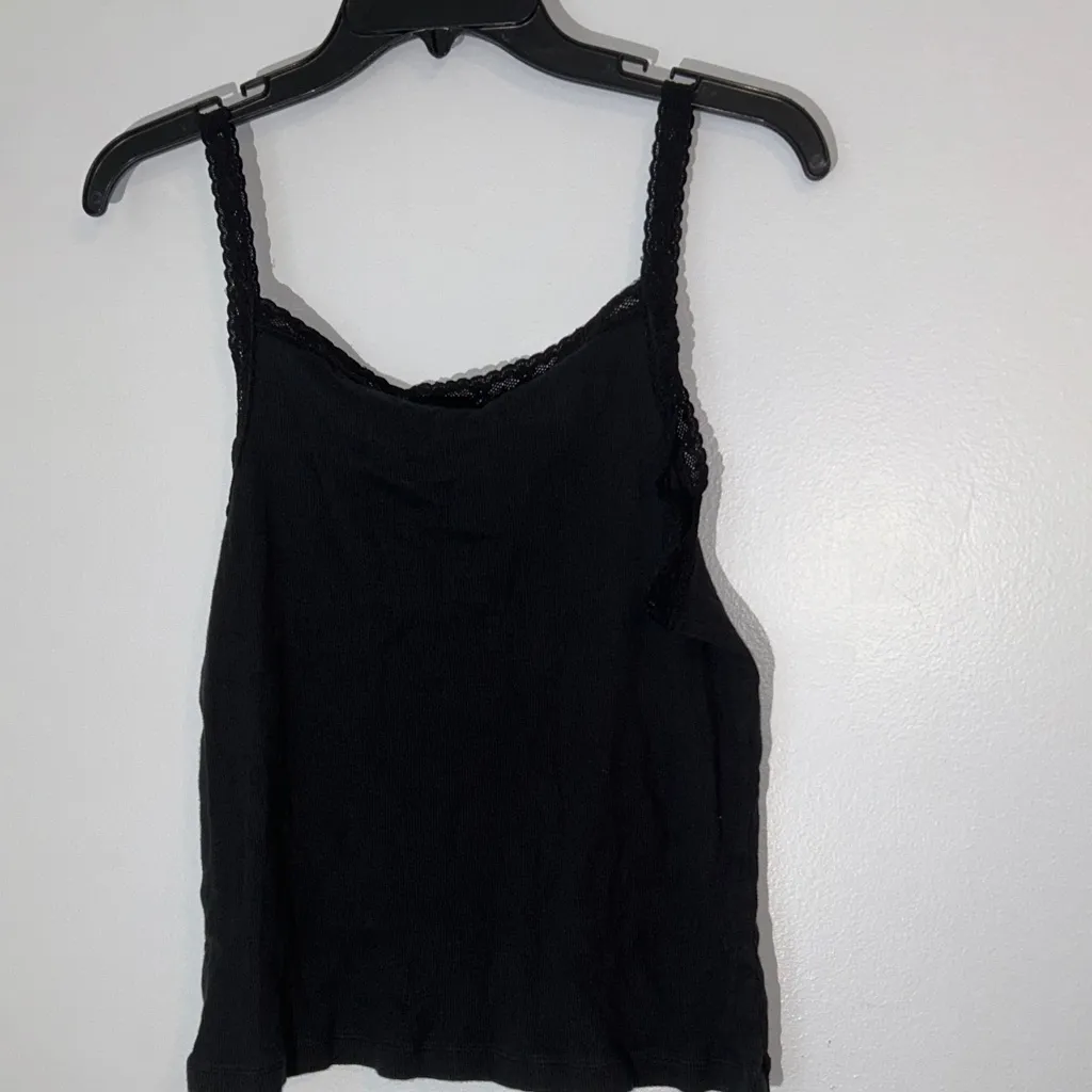 Y2K Black Ribbed Tank Top with Lace‎ Straps lace trim size L petite - Image 3