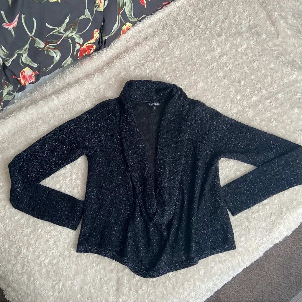 Express Black Metallic Shimmer Deep Cowl Top Wool Alpaca Mohair Blend Small S - Image 6