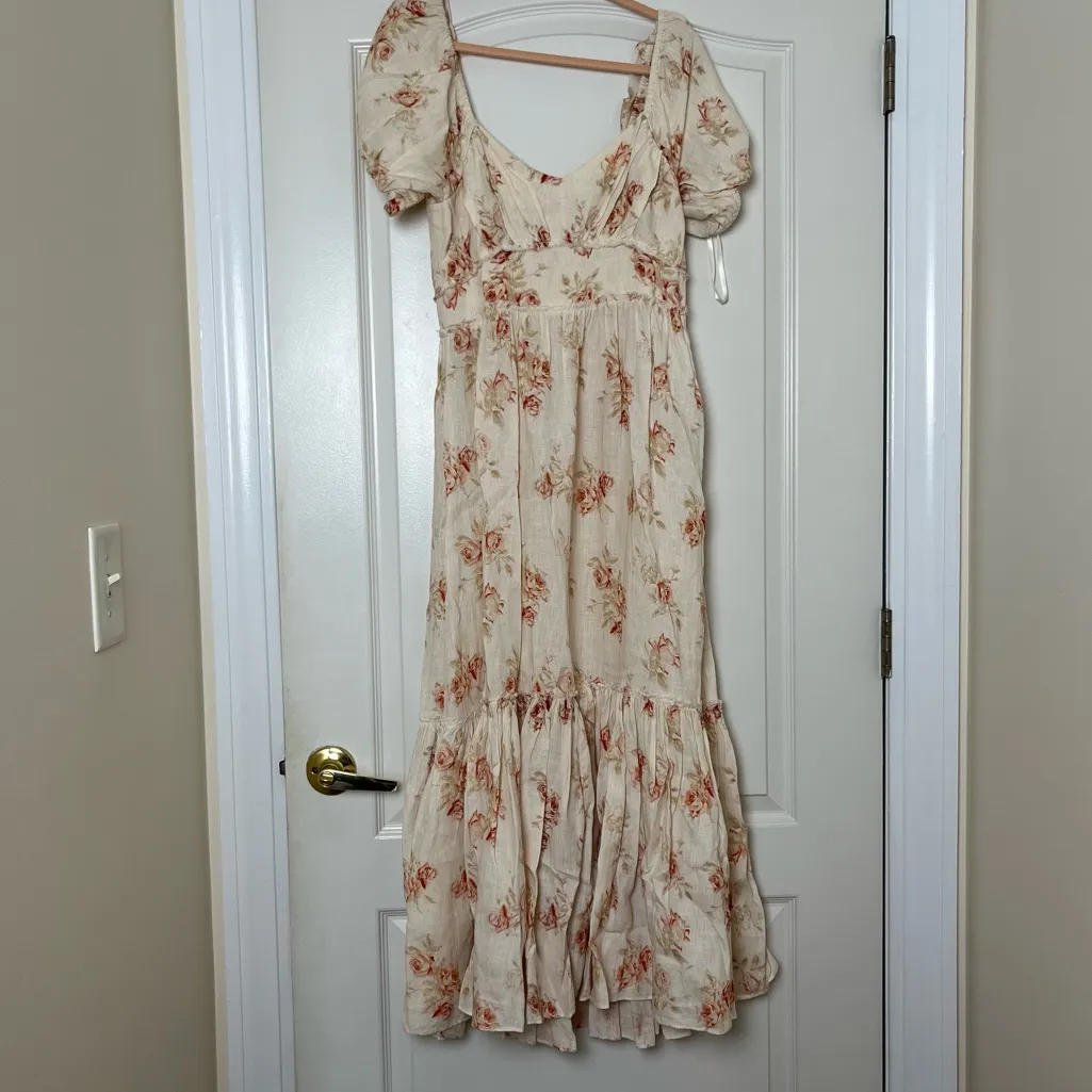 Loveshackfancy Angie Linen Cream & Pink‎ Floral Midi Dress Size 0 - Broken Zip - Image 2