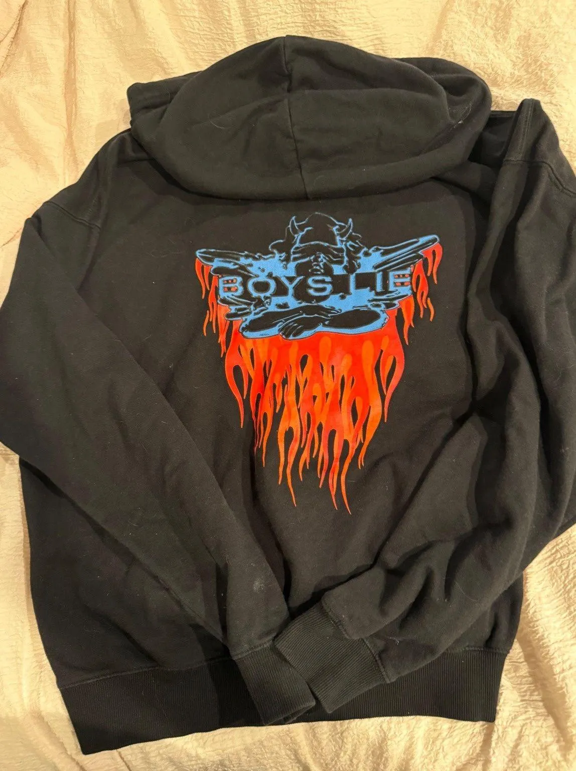 Boys Lie Black Hoodie Cherub Flames Graphic Print Size ML - Image 1