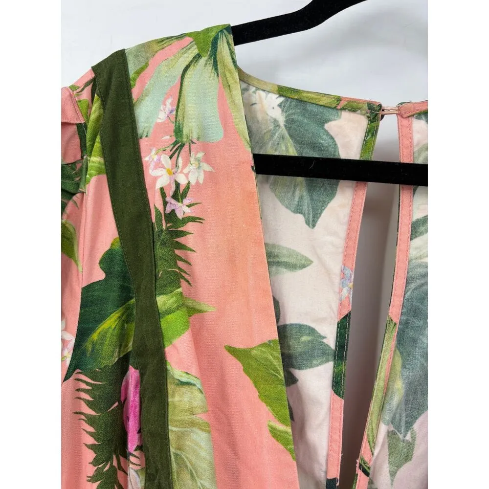 Farm Rio X Anthropologie Jumpsuit Womens XL Deep V Pink Palm Leaf Banana - Image 8