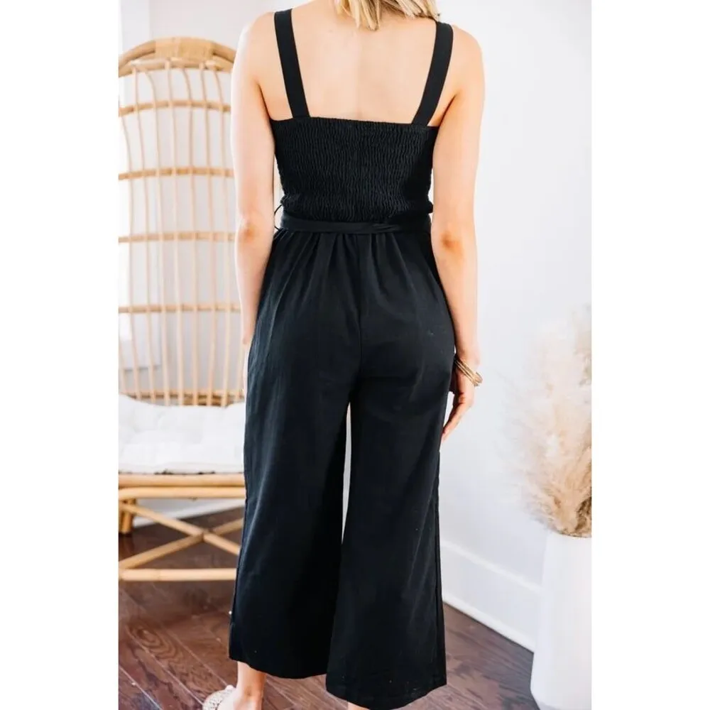 Billabong Ruffled Square Neckline Button Front Self Tie Belt Pockets Jumpsuit M - Image 3