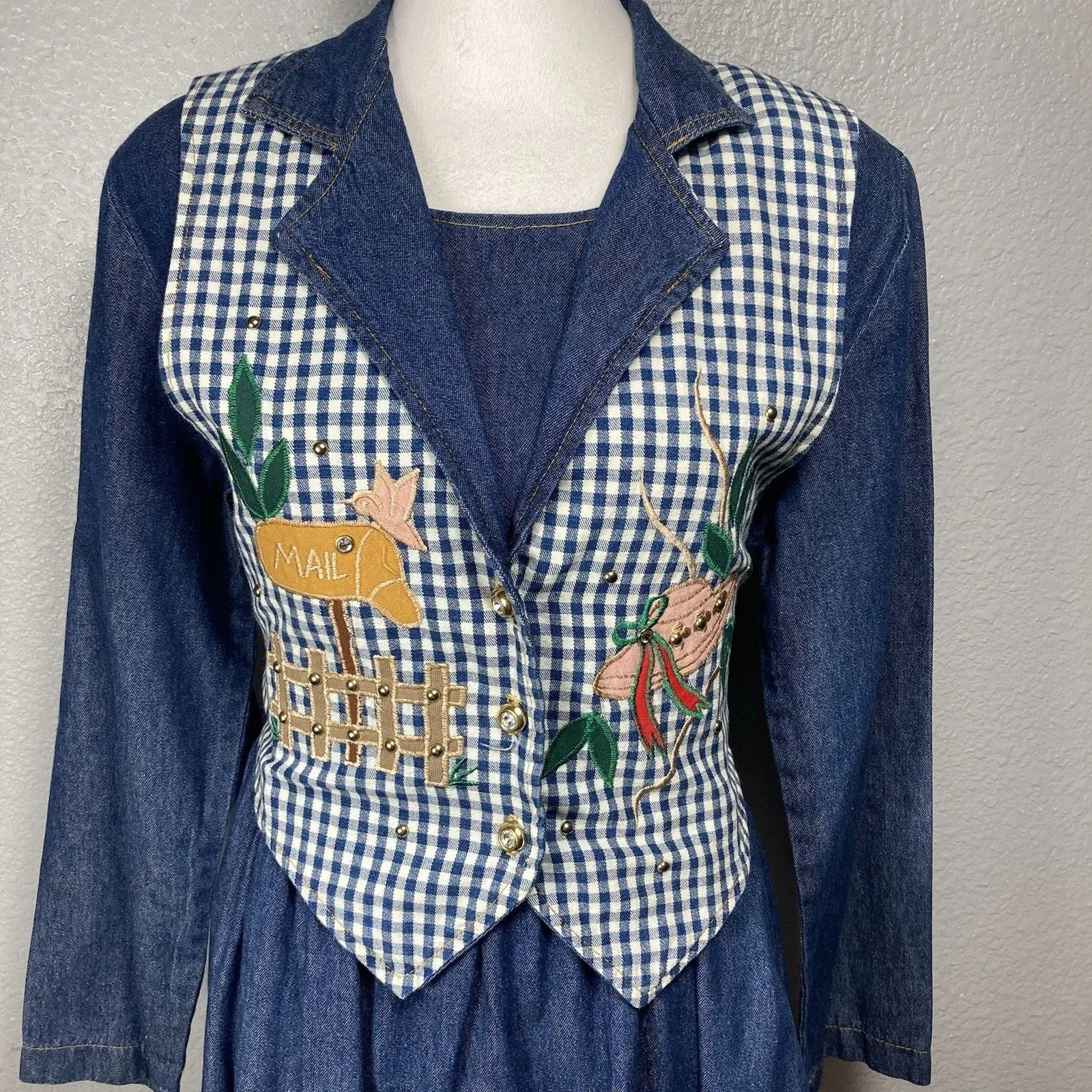 Prairie Cottagecore Denim Dress L Womens Blue Embroidered Garden Vest Donna USA Size L - Image 2