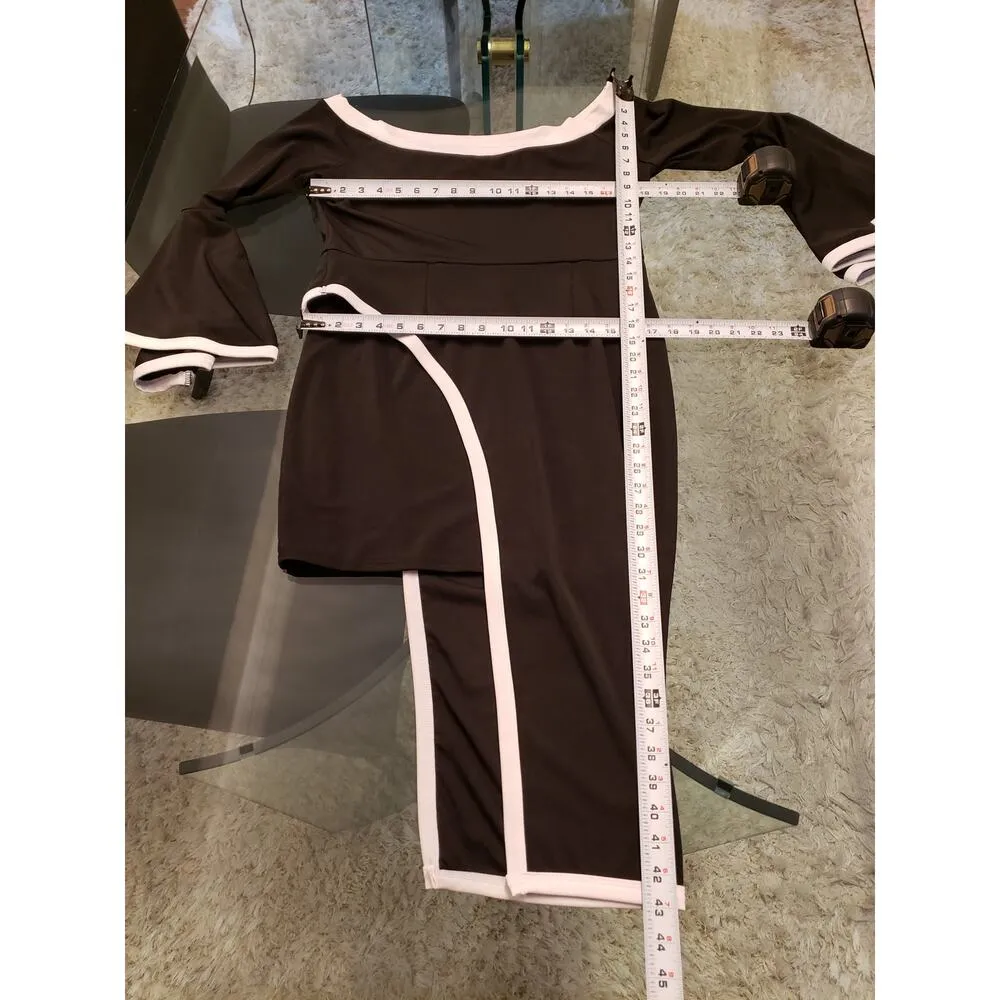 Bodycon Dress Womens XL Black White Off Shoulder Bell Sleeve Asymmetrical Party - Image 11