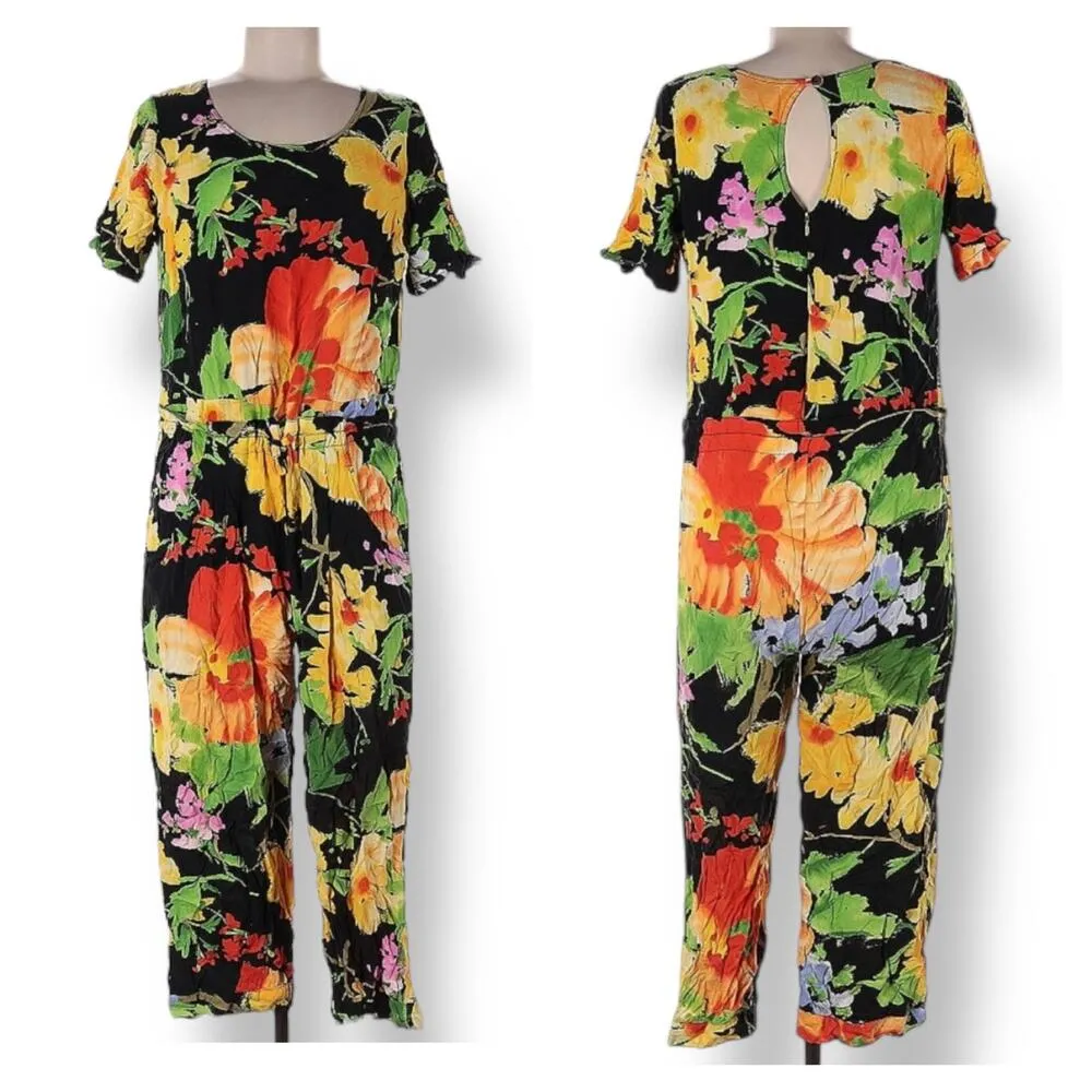 Vintage Jams World Flora Grande Floral Jumpsuit Cropped Black Made In Hawaii USA - Image 13