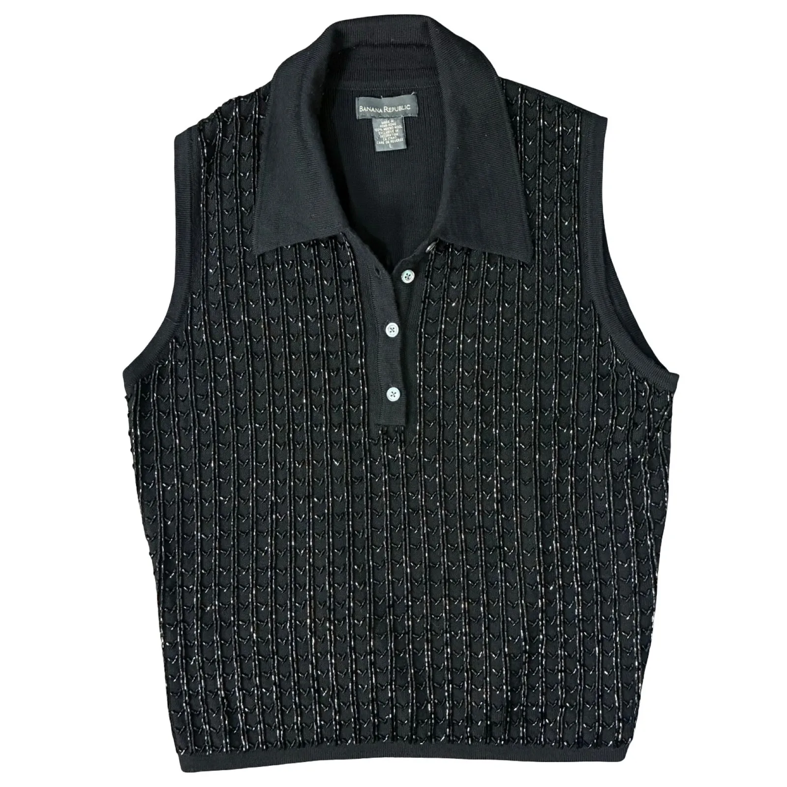 Vintage Banana Republic Black Merino Wool Beaded Sleeveless Polo Sweater Tank L - Image 6