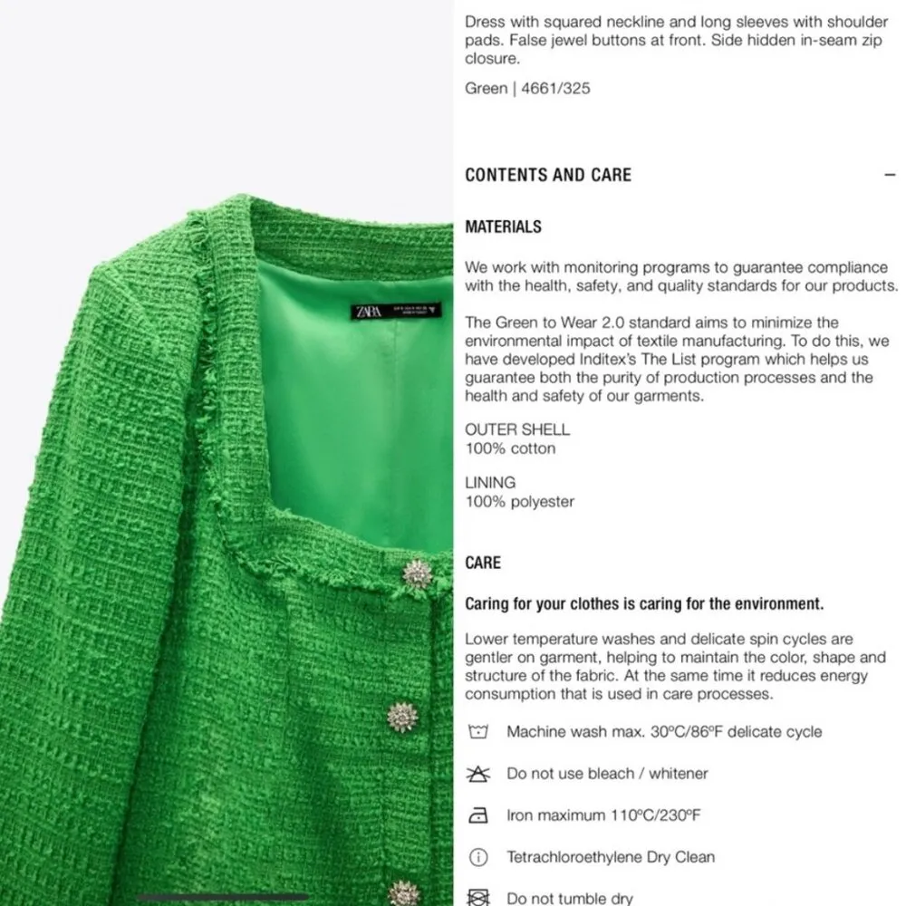 Zara Green Textured Weave Dress with Jewel Buttons Women's Small - Image 4