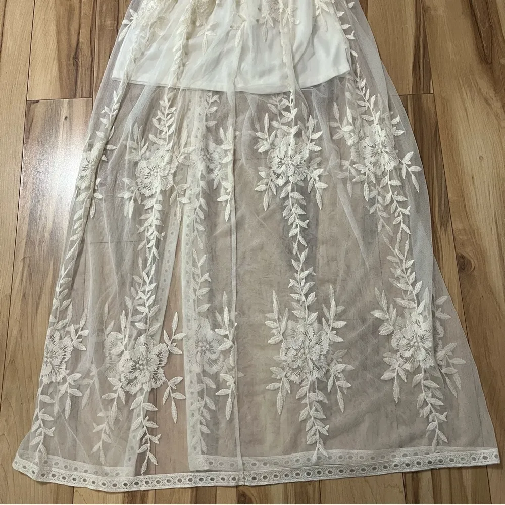 Women's Floral Lace Sheer Maxi Dress Sz XS Ivory Beach Wedding Boho Fairy Resort - Image 12
