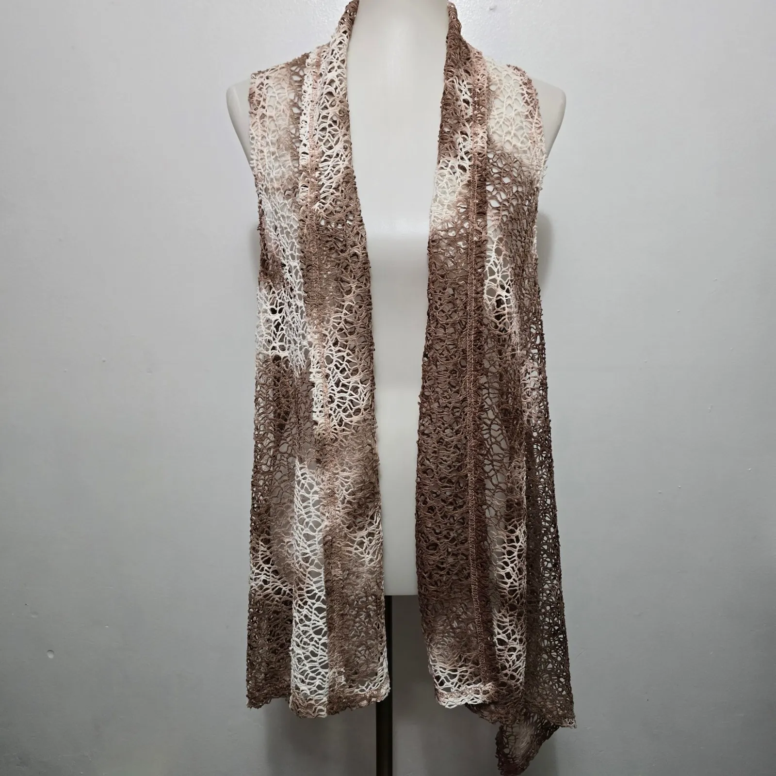 ADORE Tie Dye Lace Crochet Open Front Sleeveless Vest XL Boho Festival Brown - Image 2