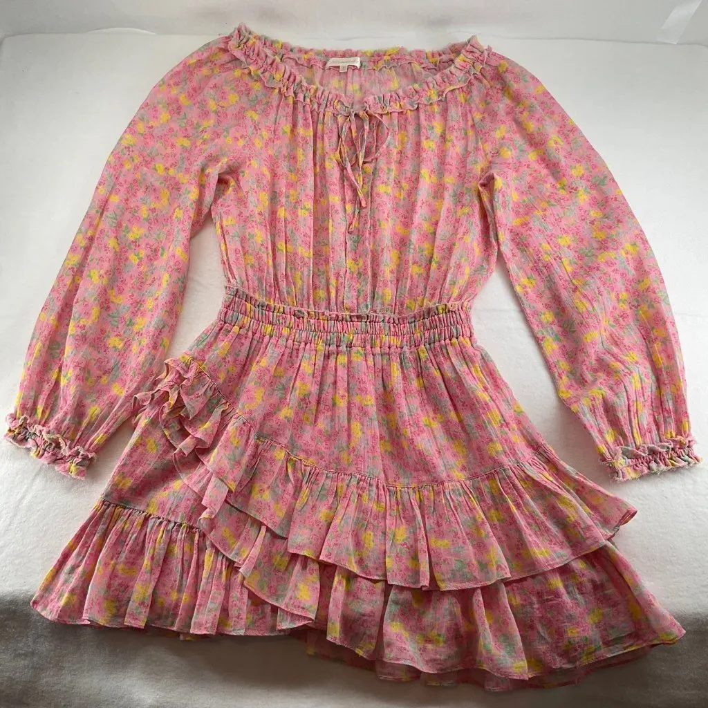 LoveShackFancy Pink yellow Floral Rayna Cotton Mini Dress size S Ruffled Layers - Image 2