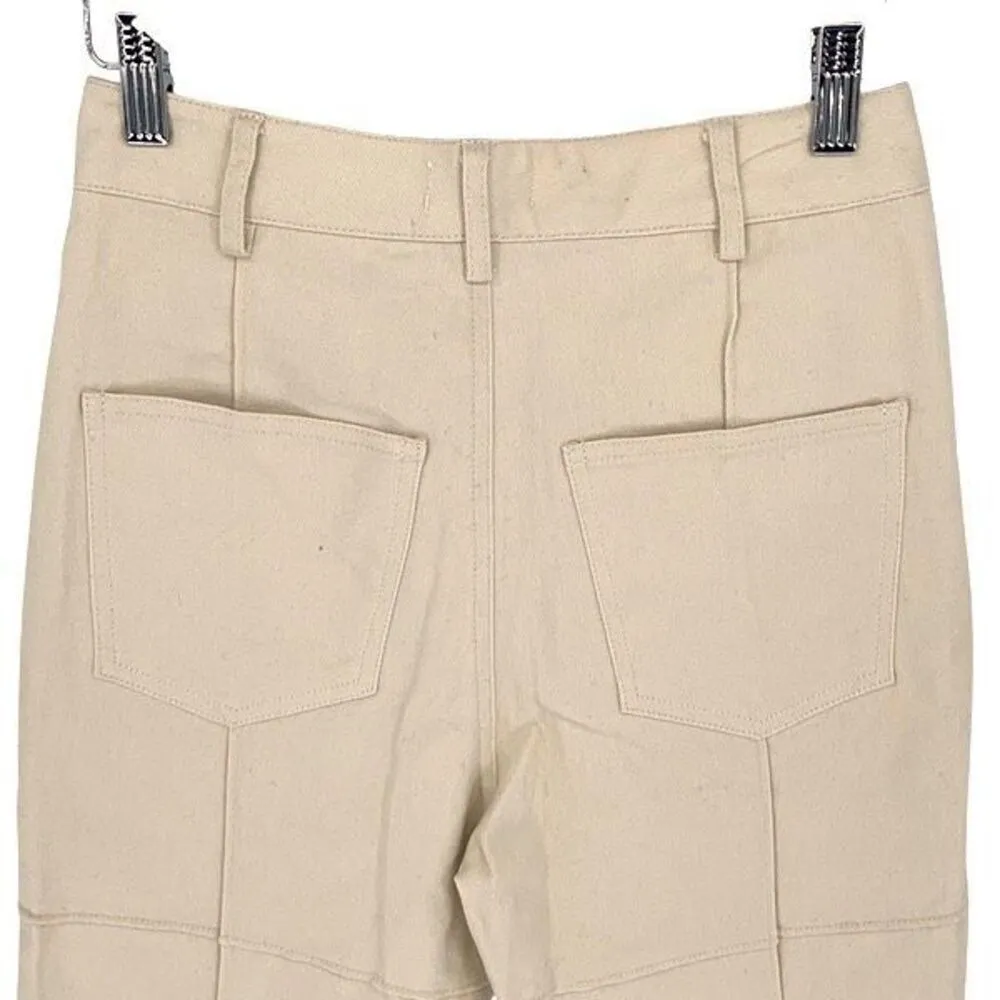Isalis High Rise Cotton Twill Khaki Pants Block Stitching Pockets Ivory Size Sma - Image 4
