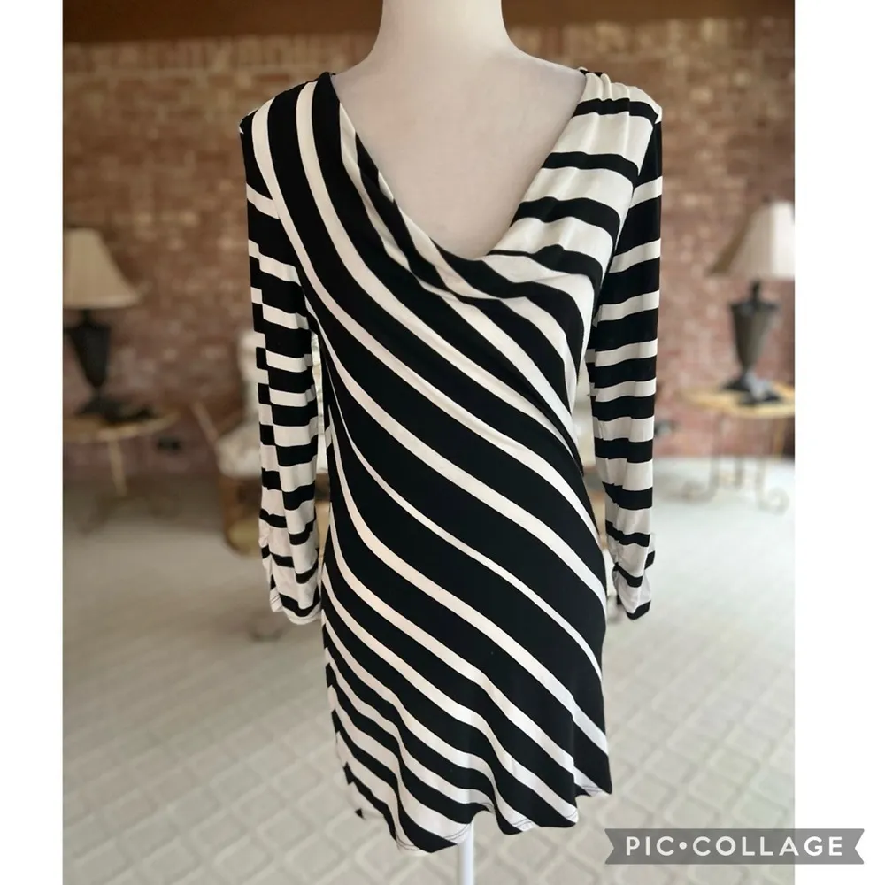 WHBM Top Tunic Striped Draped Neck Black Ecru S Glam Chic Dressy Brunch Work Mod - Image 3
