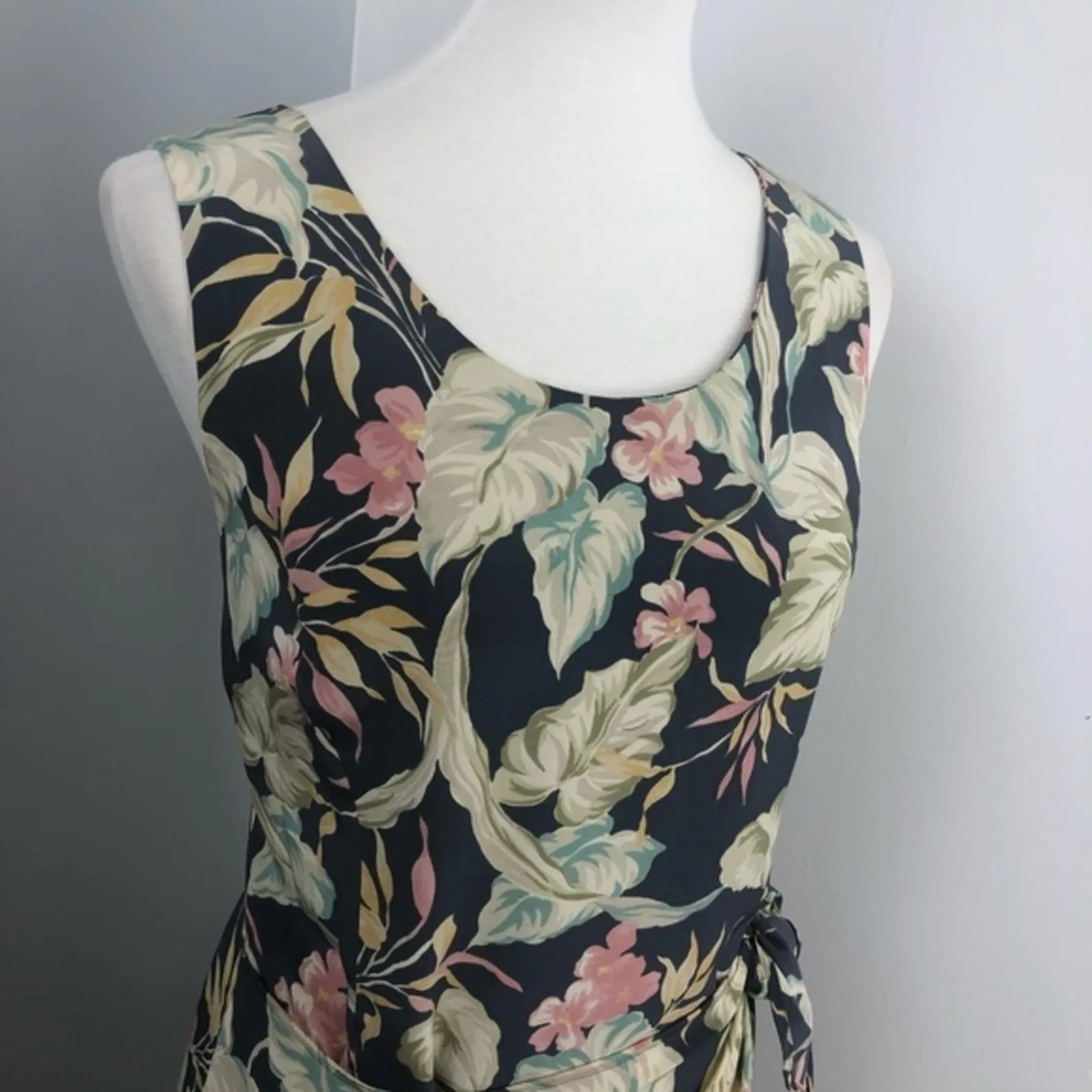 Chaus Floral Silk Scoop Neck Sleeveless Sarong Tea Length Midi Dress Sz 12 Blue - Image 2