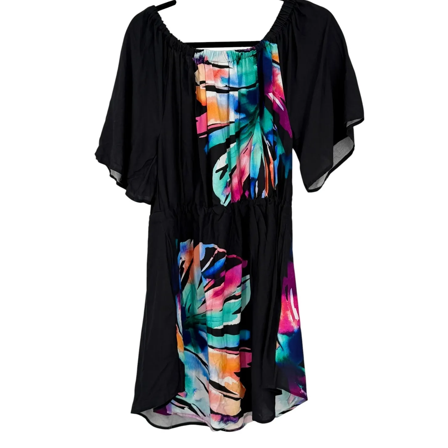 LA BLANCA M Prism Bloom Off Shoulder Mini Dress Swim Coverup Beach Tropical - Image 2