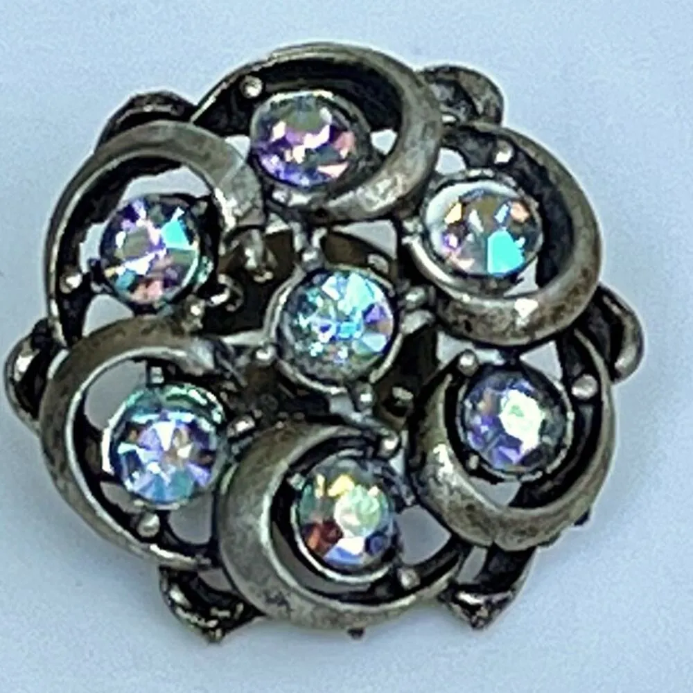 American VTG Balloo Reg’d RHINESTONE BROOCH Pin Tie Tack Aurora Borealis Flower Blue - Image 5