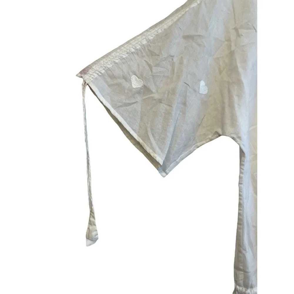 Jill Stuart White Sheer Heart Embroidery Blouse Top Size Small Tassel Drawstring - Image 4