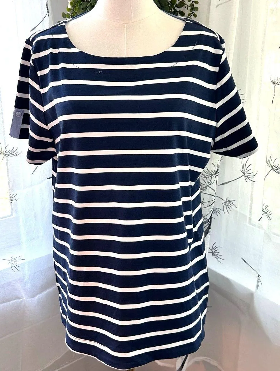 Kim Roger T Shirt XL Blue Striped Hi Low Hem Nautical Beach Casual Wear to Work - Image 1