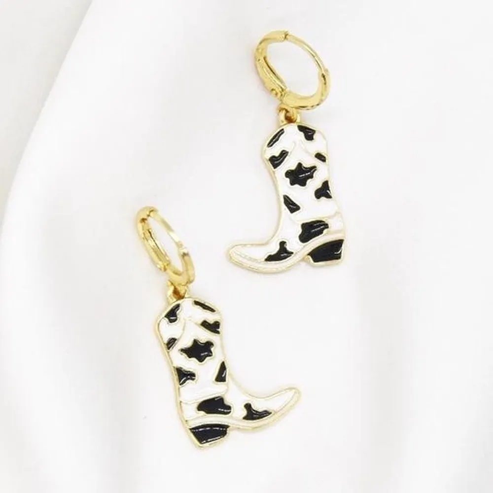 Cow Print Cowboy Boot Earrings Gold - Image 3