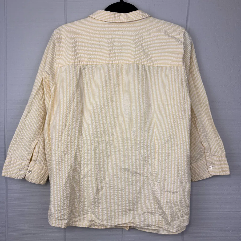 L.L. Bean Seersucker Yellow White Striped Button Up Collared Top 3/4 Sleeves 1X - Image 3