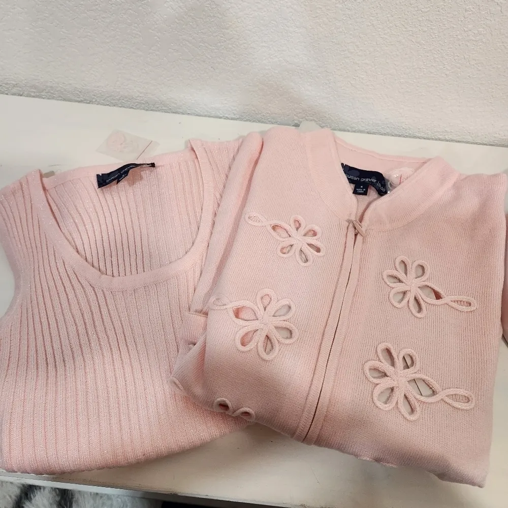 Susan Graver Pink Zip Front Cardigan Sweater & Matching Sweater Tank Size S - Image 13