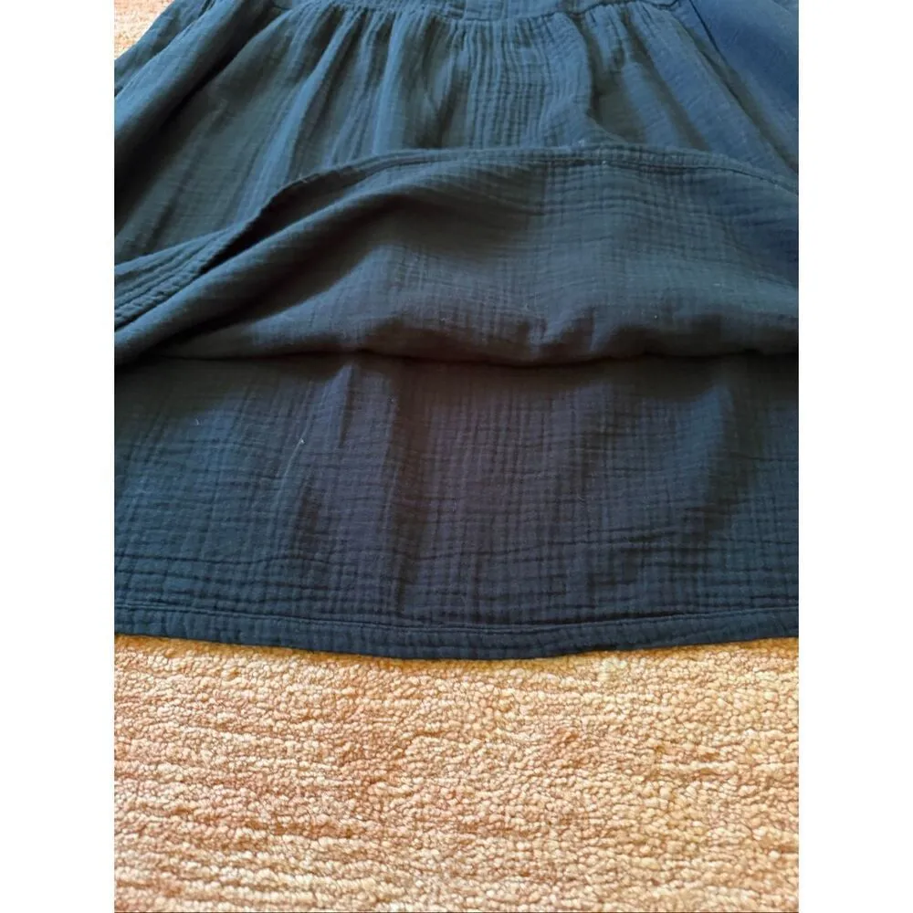 Black Gauze Cotton V Neck Short Sleeve Elastic Waist Midi Dress Women Medium Black - Image 4